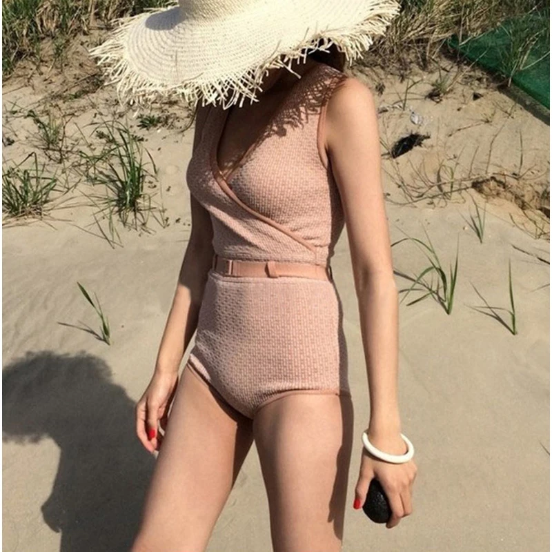 

Swimwear Women One Piece Bikini Cintura Alta Women's Push-Up Swimsuit Plavky Full Swimsuits Vintage Belt Big Female Solid