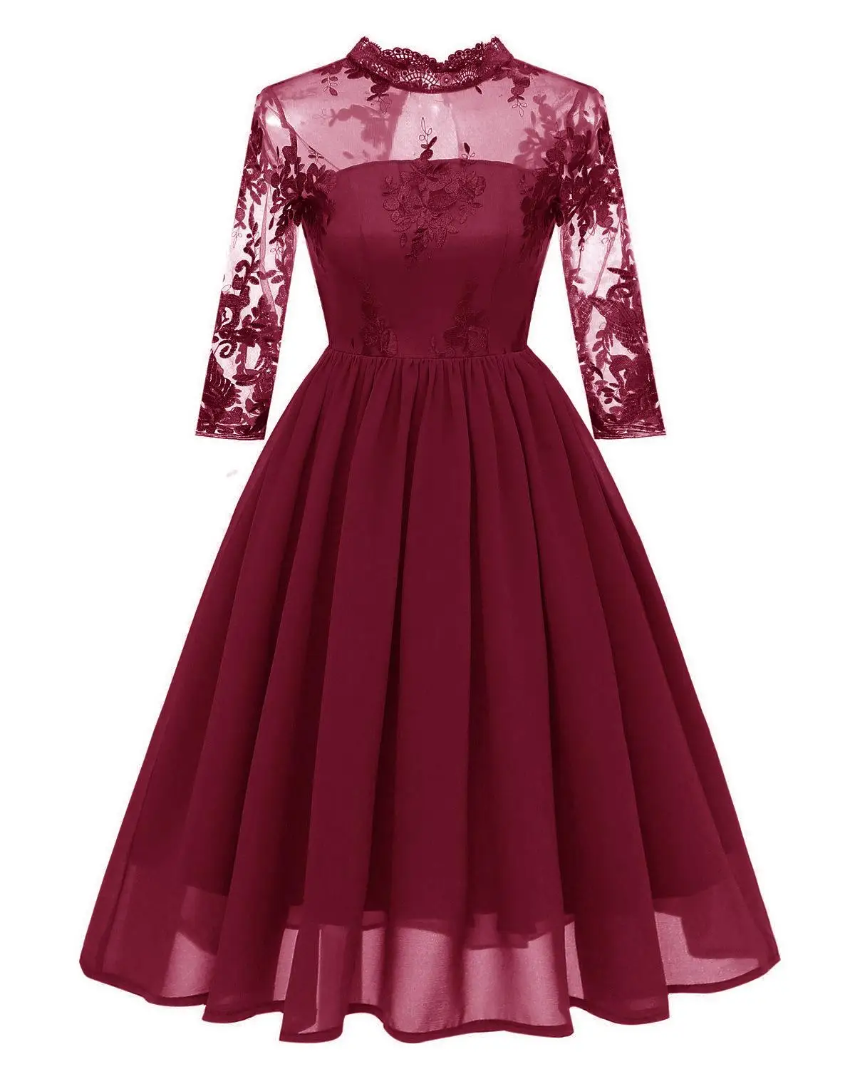 

High Neck Long Sleeve Burgundy Navy Embroidery Cocktail Dresses Robe Chiffon Elegant Party 2019 Short Vestidos Homecoming Dress