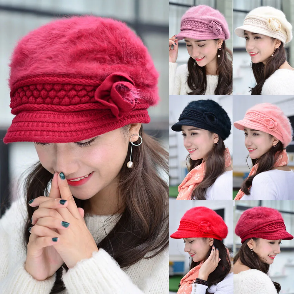 Women Fashion Winter Wool Flower Knitted Crochet Hat Ski Outdoor Fur Cap CS159 HATCS0159