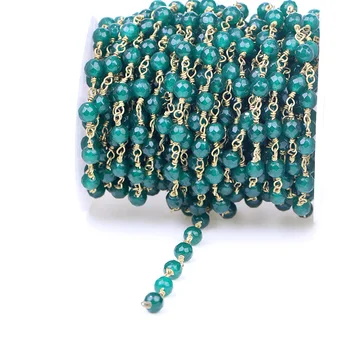 

HanKun 6mm Green Faceted Round Beads With Brass Wire Wrapped Rosary Chain For Making Jewelry Stone Bead Chain Necklace
