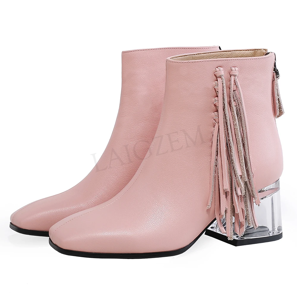 

LAIGZEM Women Ankle Booties LEATHER Clear Heel Zip Handcrafted Short Boots Ladies Shoes Woman Botines Mujer Large Size 34-43