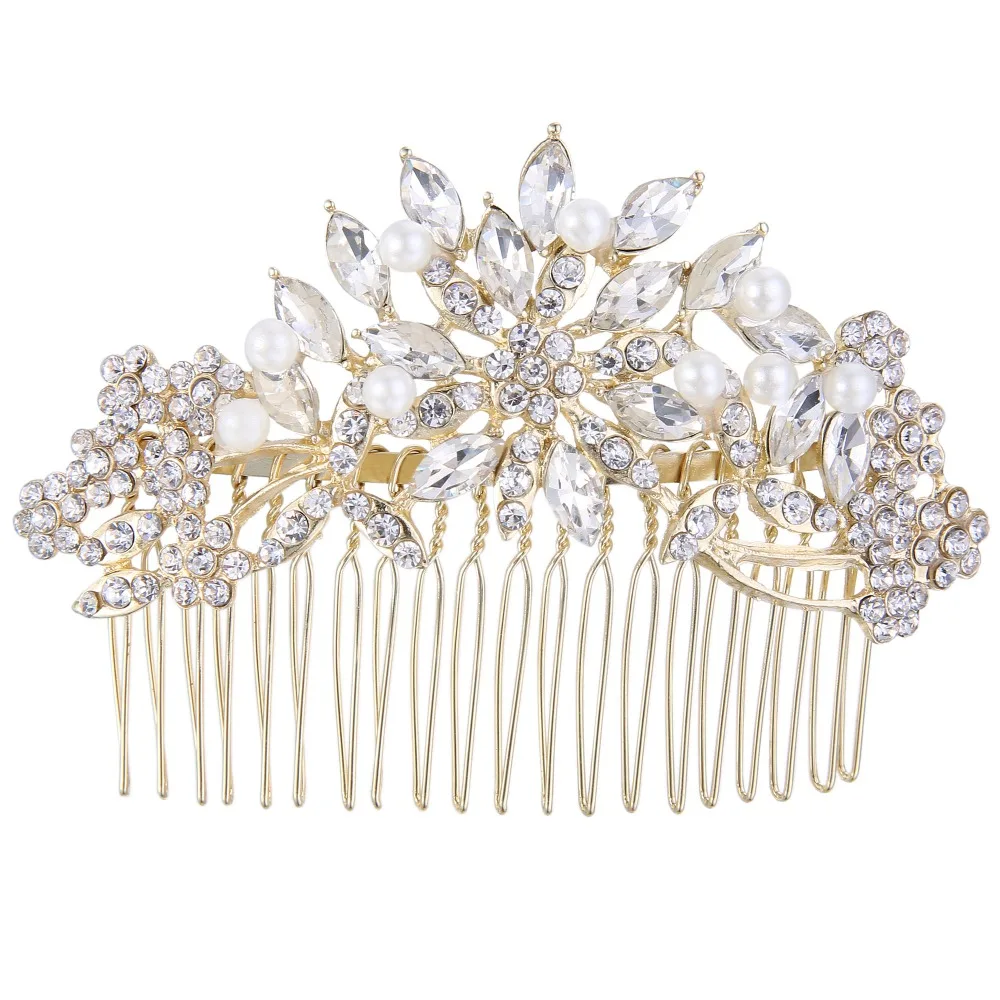 

Tuliper Gold Tone Central Oval Tear Drop Bridal Hair Comb Austrian Crystal and Ivory Simulated Pearl Hair Accessories