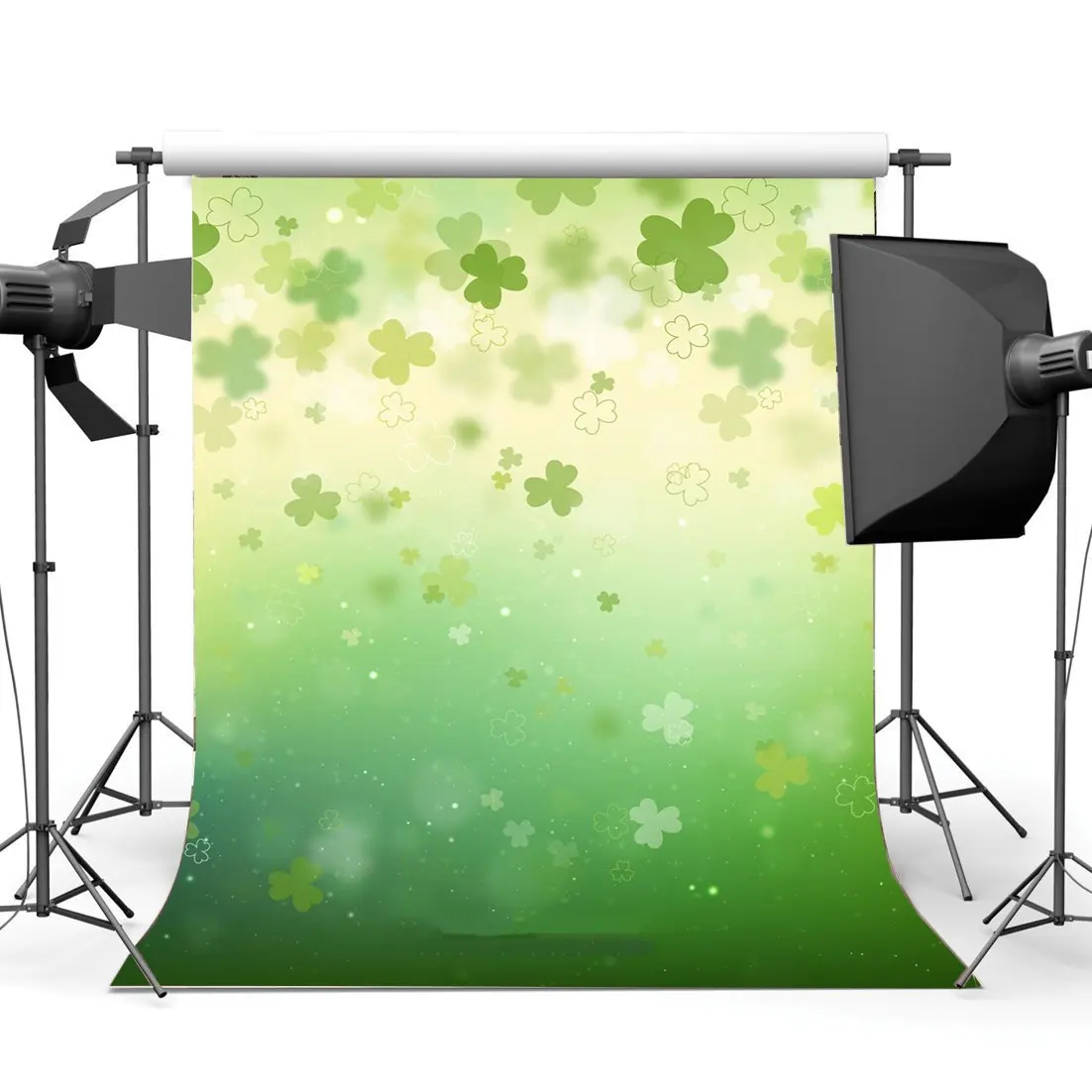 

Lucky Irish Shamrock Backdrop Happy St.Patrick's Day Green Four-leaf Clover Bokeh Glitter Sequins Background