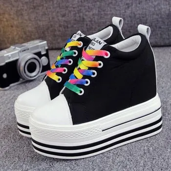 

12CM Heels Wedge Canvas Shoes Woman High Platform Sneakers Vulcanized Shoes Hidden Heel Height Increasing Casual Shoes A25-96