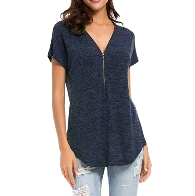 Plus Size Womens Cotton Blended Zipper Loose Fitting Zip Up V Neck ...