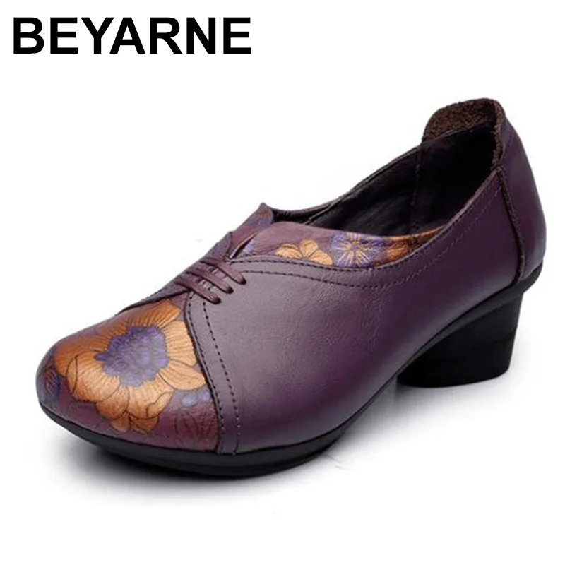 

BEYARNENew Retro Printing Genuine Leather Shoes Woman New Spring EthnicStyle Women High Heel Shoes Comfort Soft Casual ShoesE810
