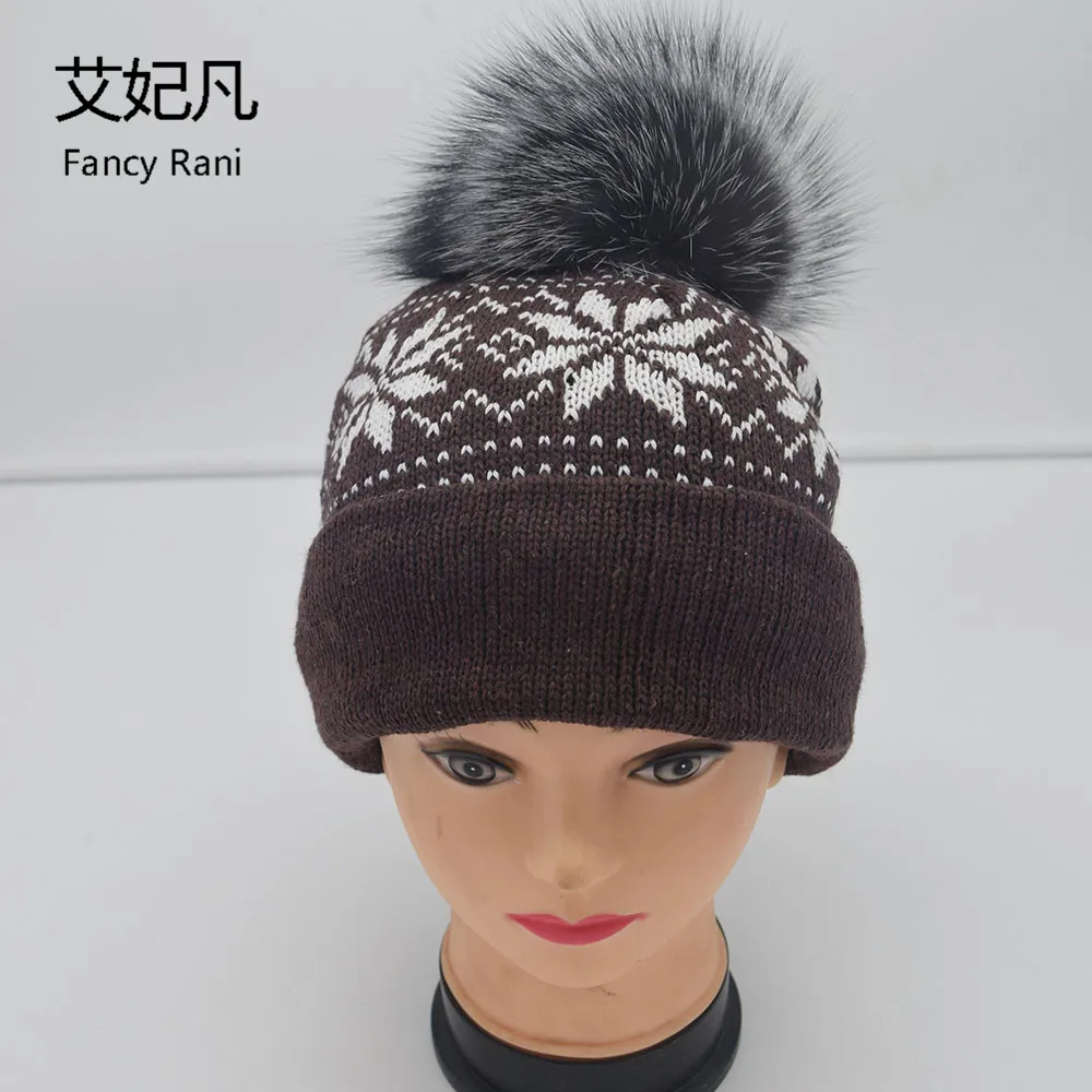 

Women Hat for Winter Knitted Cotton Beanies Real Fox Fur Pom Pom Caps Girls Skullies Pompom Fox Fur Ball Hats for Girl Knit Cap