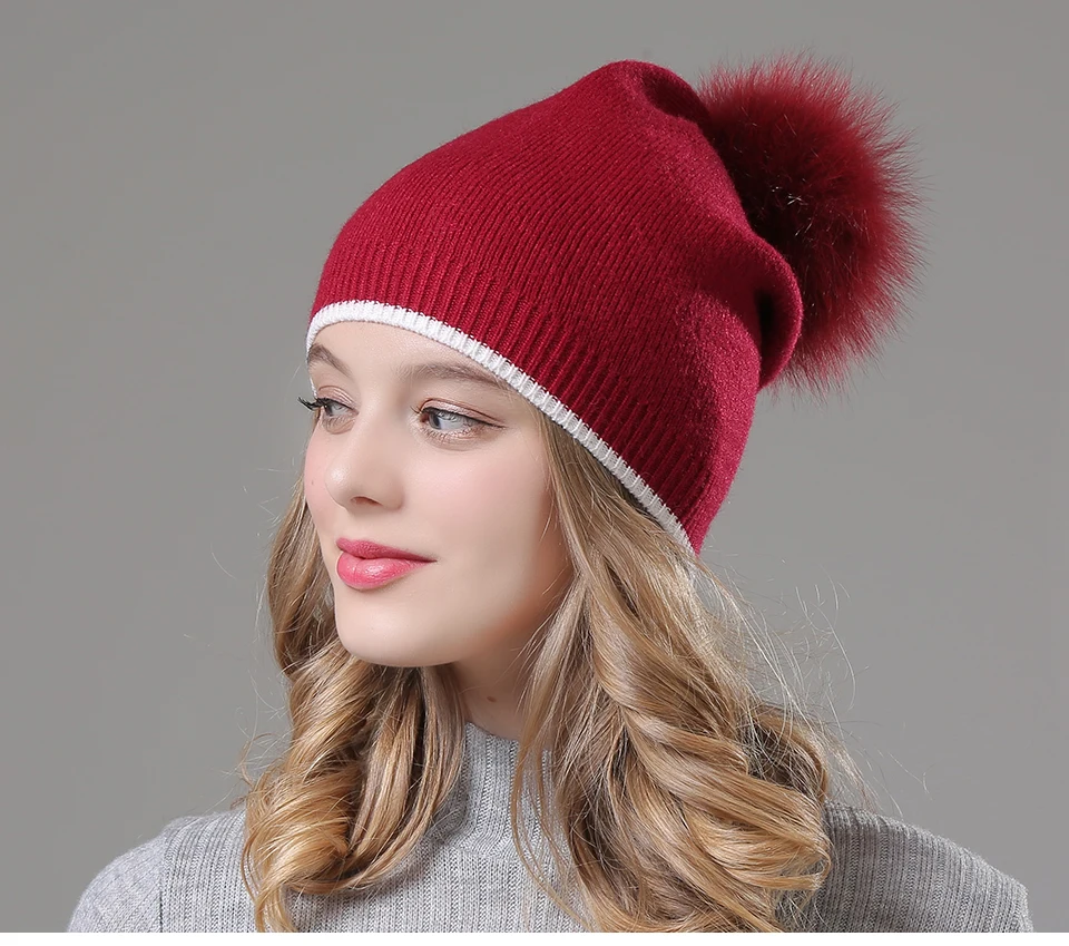 Winter Hats For Girls Skullies Knitt Wool Pom Poms Beanies Female Real Fox Fur Pompon Hat For Women 2018 New (9)