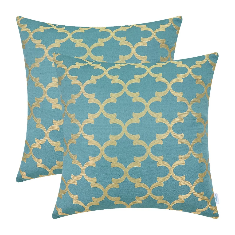 

2PCS CaliTime Cushion Cover Pillows Shell Home Sofa Decor Bedding Texture Accent Geometric 18" X 18"(45cm X 45cm) Teal Gold