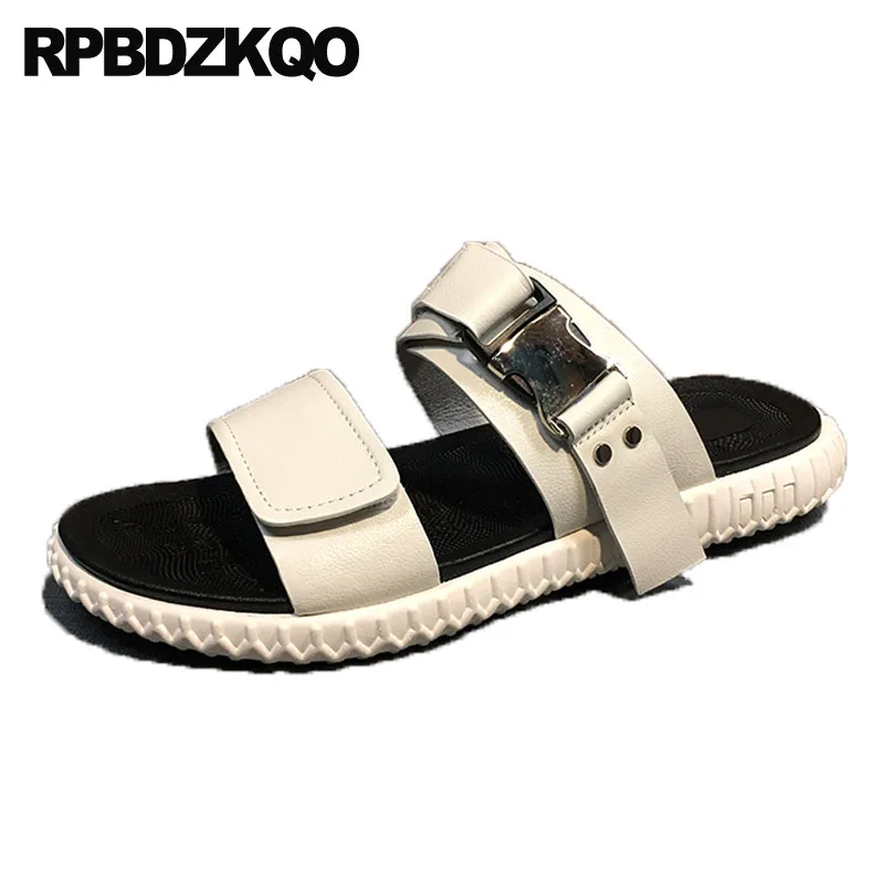 

metal slip on sandals strap designer shoes men high quality casual slides white slippers italian genuine leather summer 2019