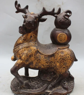 

RHS0201 13" Chinese Bronze Gilt FengShui Fu Lu Shou Wealth plum blossom sika RuYi Statue