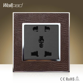

Wallpad Luxury Universal Socket Goats Brown Leather Frame AC 110V-250V 5 Pin Universal Wall Socket Outlet Free Shipping