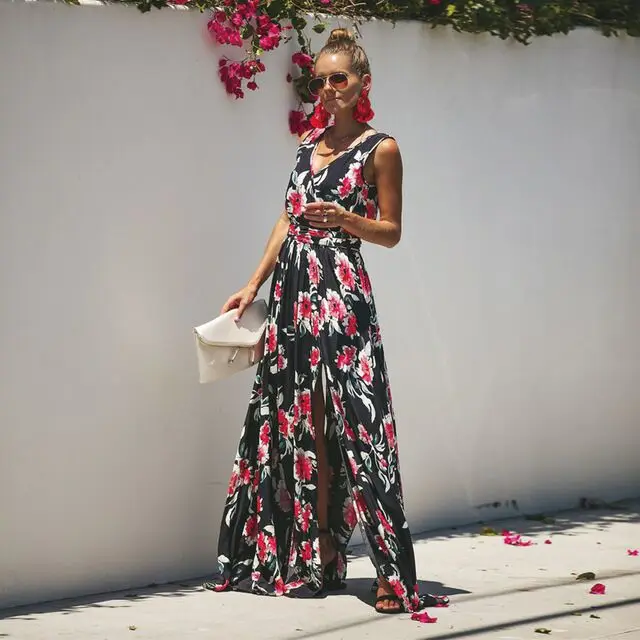 

Women Long Maxi Dresses Bohemia V-neck Sleeveless Floral Print Ethnic Summer Beach Female Split Stylish Style Dress Plus Size