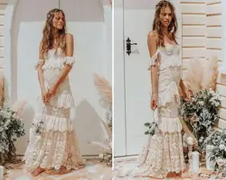 Vestido De Noiva 2019 Винтаж Boho кружево пляжные свадебное платье пикантные с открытыми плечами кепки рукавом Пол Длина Свадебные платья