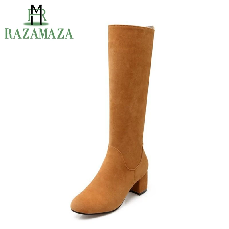 

RAZAMAZA Size 32-43 Women'S Winter Boots With Warm Plush Inside Female Thick High Heel Knee High Boots Women Zip Warm Footwear