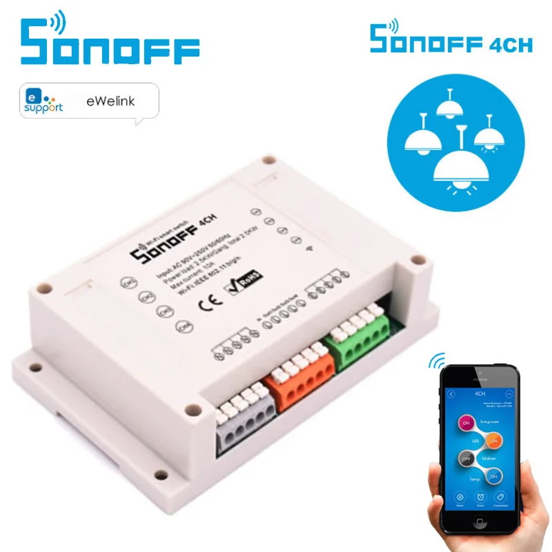 Sonoff 4CH 4 канала рельсовый монтаж Беспроводное управление WIFI ITEAD умный