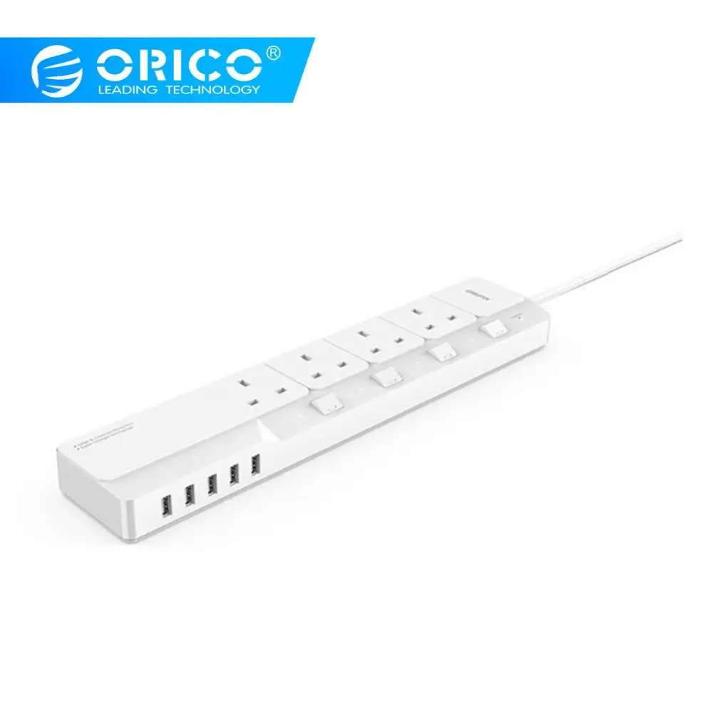 ORICO OSJ-4A5U-UK домашний офис UK Сетевой фильтр с 5 USB зарядным устройством 4 UK AC Plug мульти-розетка дорожные Силовые полосы 5 футов-белый