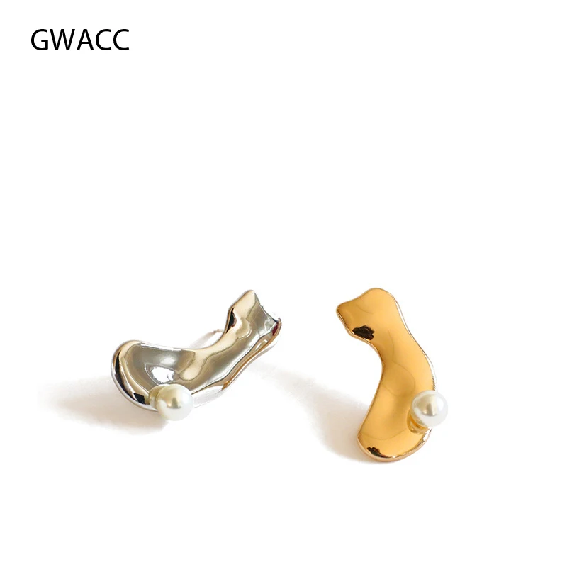 

GWACC Irregular Metal Design Pearl Stud Earrings For Women INS Simple Minority Earrings Silver Needle Earrings Fashion Jewelry