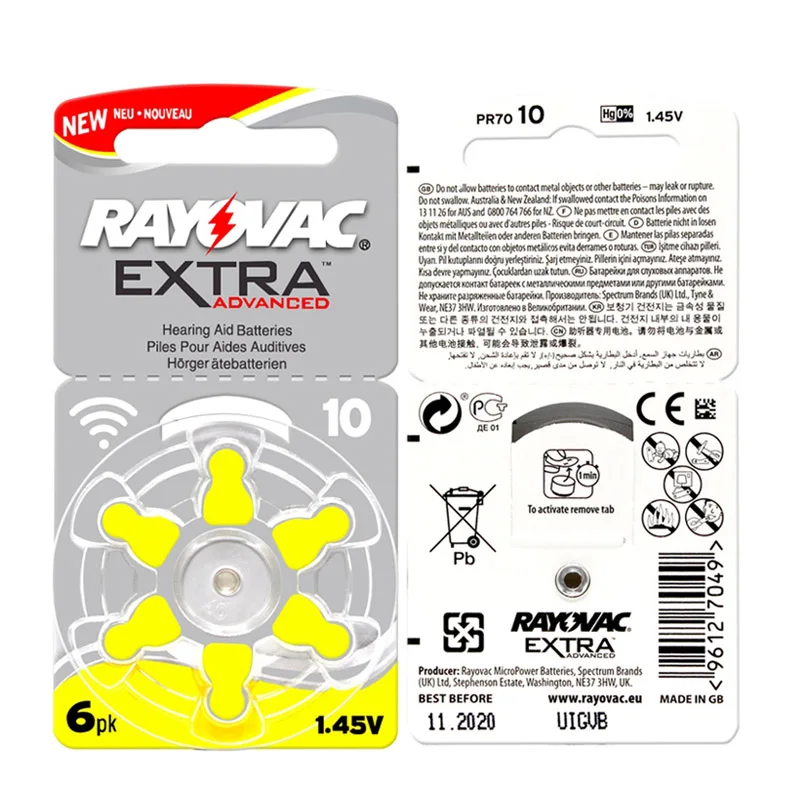60 PCS RAYOVAC EXTRA Zinc Air Performance Hearing Aid Batteries A10 10A 10 PR70 Hearing Aid Battery A10