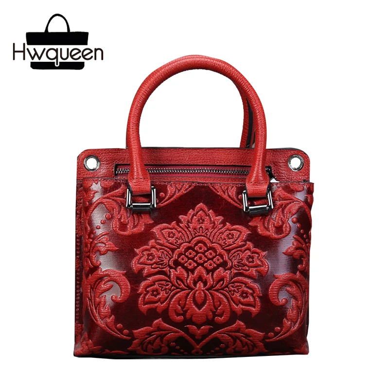 

China Style Embossing Flower Designer Lady Small Totes Handbag Genuine Leather Elegant Women Cross Shoulder Red Floral Purse