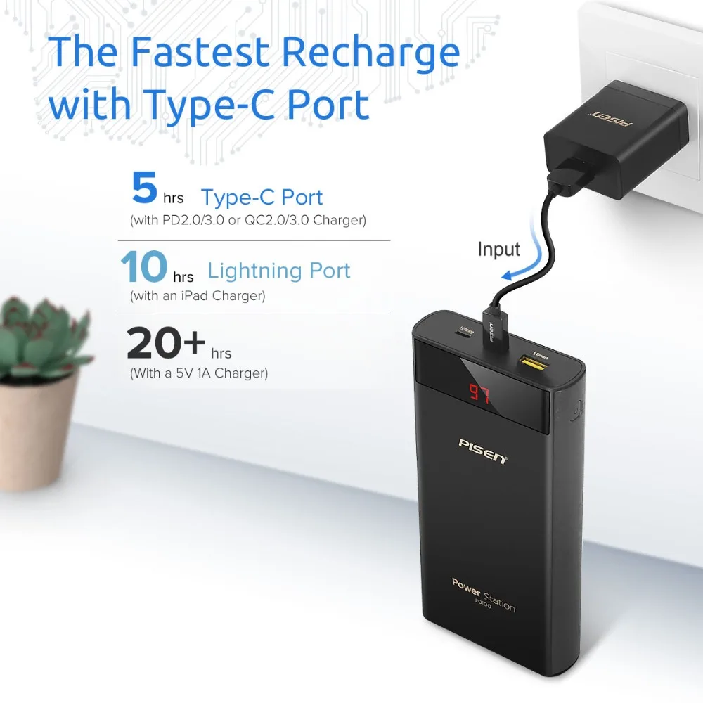 PISEN Quick Charge 3 0 PD power Bank 20100 мАч портативное Внешнее зарядное устройство 2.4A bank