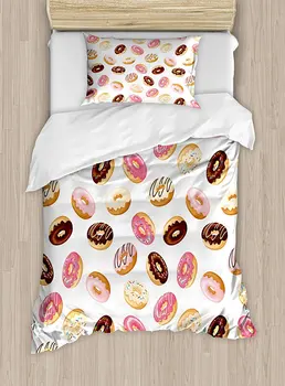 

Food Duvet Cover Set American Traditional Classic Breakfast Fast Food Dessert Sweet Tasty Donuts Art Print 4 Piece Bedding Set