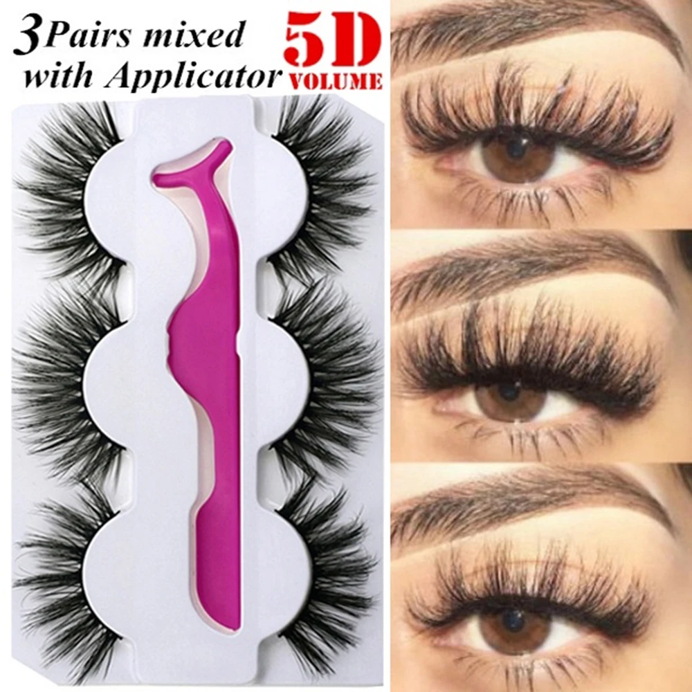

3Pairs 3D/5D/6D Volume Mink Hair False Eyelashes With 1PC Tweezer Fluffy Wispy Long 25mm Lashes Handmade Natural Eye Makeup Tool