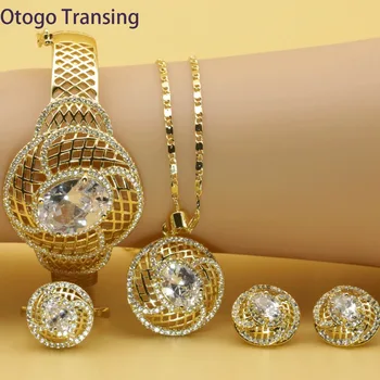 

Otogo Transing wholesale 2019 Gold Color Jewelry Set Fashion Charm White Crystal Ring Earrings Necklace Bracelet Flower SET206