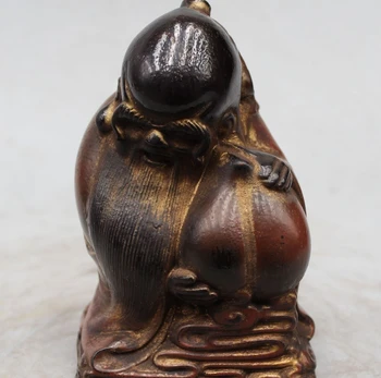 

6" Chinese Folk Wood handwork carve Peach god of longevity Shou Wealth Statue