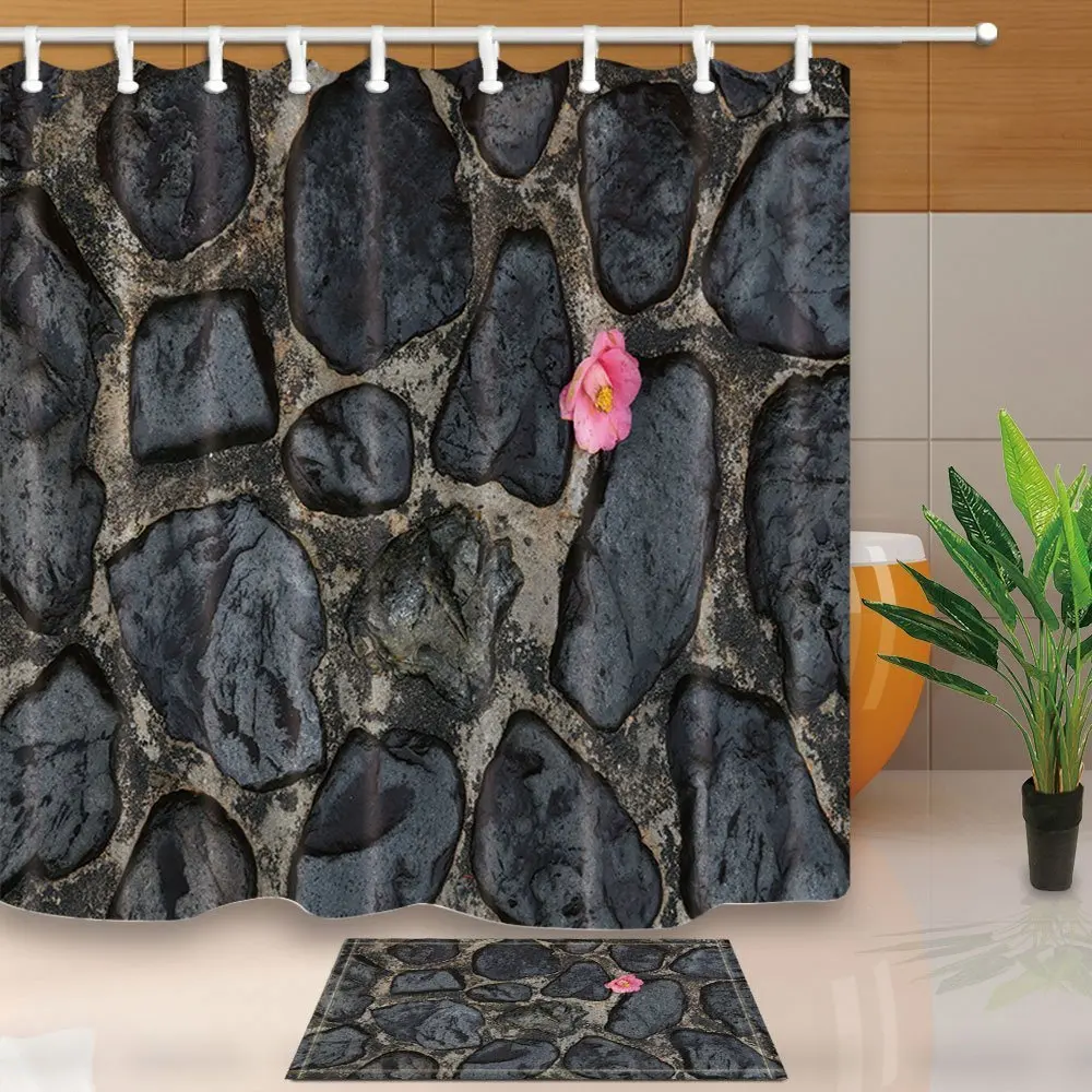 Solitary Japanese Spa Decor Camellia Blossom Flower on Stone Waterproof Polyester Fabric Shower Curtain Set Doormat Bath Rugs | Дом и сад