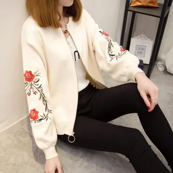 

Women's sweater 2019 autumn and winter new women's embroidery knit sweater long-sleeved round neck short coat jacket