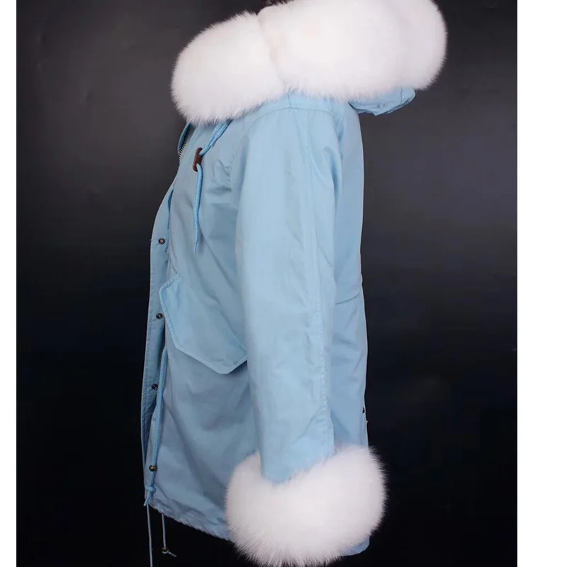Зимняя женская мода из натурального большого лисьего меха с капюшоном и манжетами из натурального кроличьего меха, толстые теплые камуфляжные Длинные куртки, парки, пальто