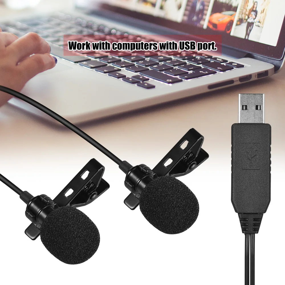 Andoer 1.5m USB Dual-head Lavalier Lapel Microphone Clip-on Omnidirectional Computer Mic for Windows Mac Video Audio Recording