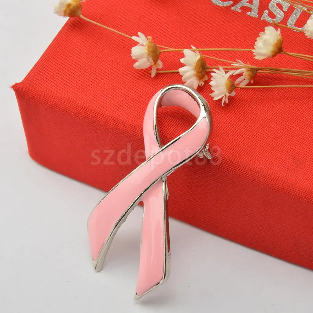 

Pink Enamel Breast Cancer Awareness Charity Ribbon Brooch Pin w/ Silver Edge