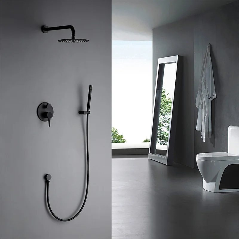 Sold Brass Matte Black Round Shower Set 8/10/12 Inch Head Straight Wall Arm Set With Mixer Taps Alba Black Bathroom Bath Faucet