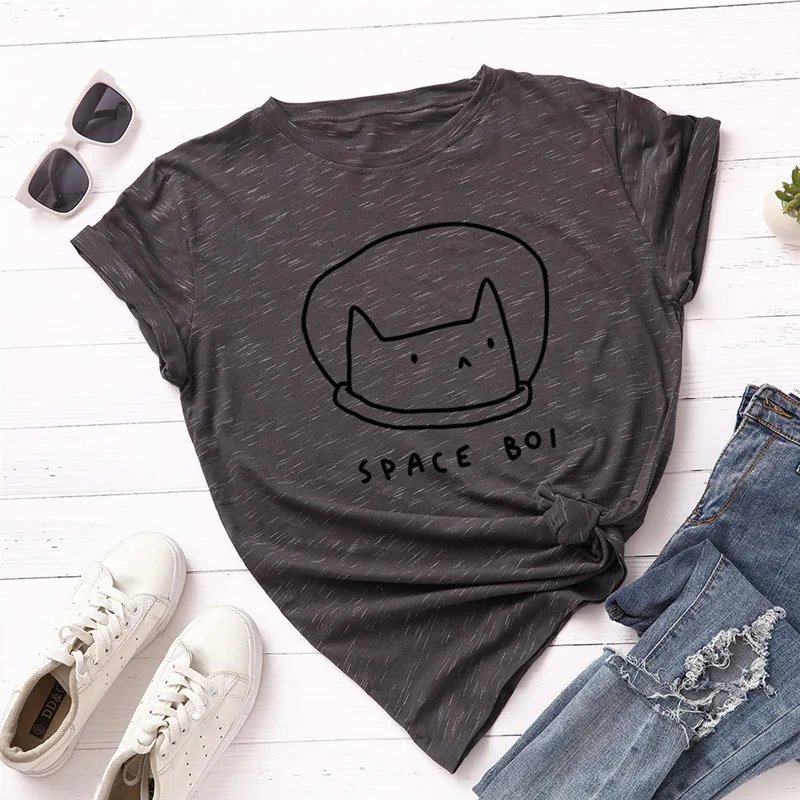 Новая женская футболка размера плюс S-5XL с милым космическим котом, хлопок, круглый вырез, короткий рукав, летняя футболка, топы, Повседневная футболка - Цвет: 482-liuxinghui