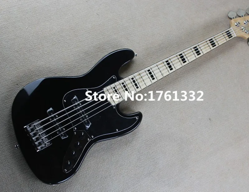 

Factory custom 5 strings black string-thru-body electric bass guitar with black pickguard,black rectangle inlay,can be changed
