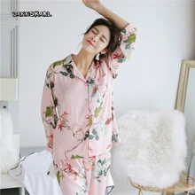 Осень эмуляции шелковые пижамы стес Женская Зима лед шелк с длинным рукавом рубашка два комплекта женские ночные рубашки Пижама для сна Lounge