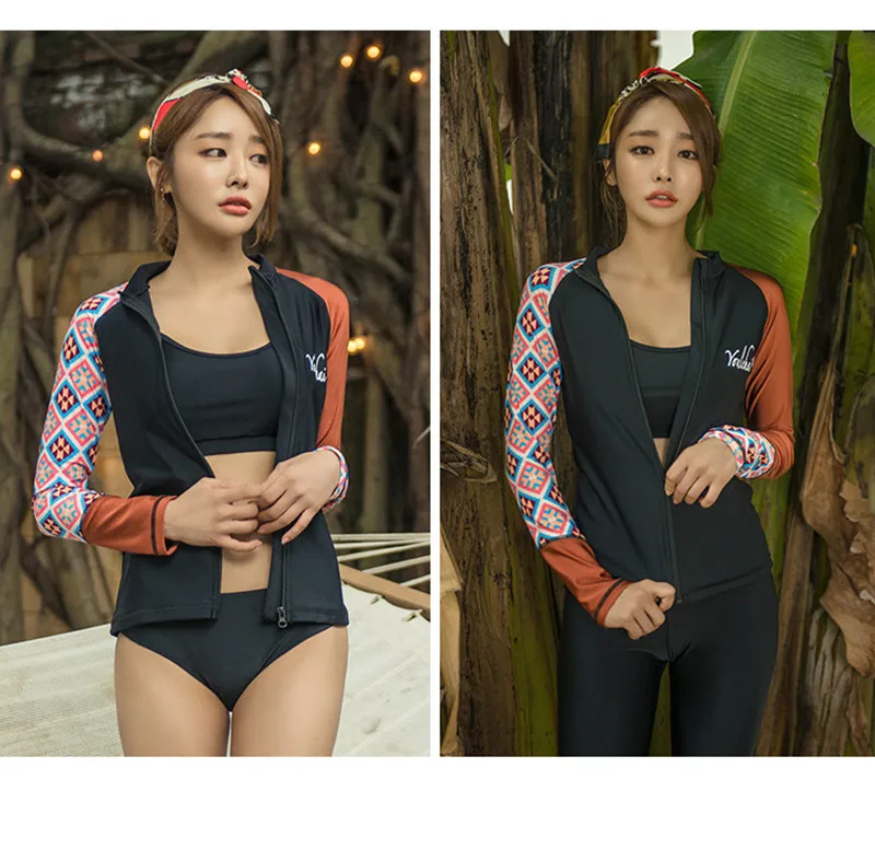 WackDaria women surfing suit long sleeve print split type patchwork sexy high elasticity maillot de bian femma summer beach