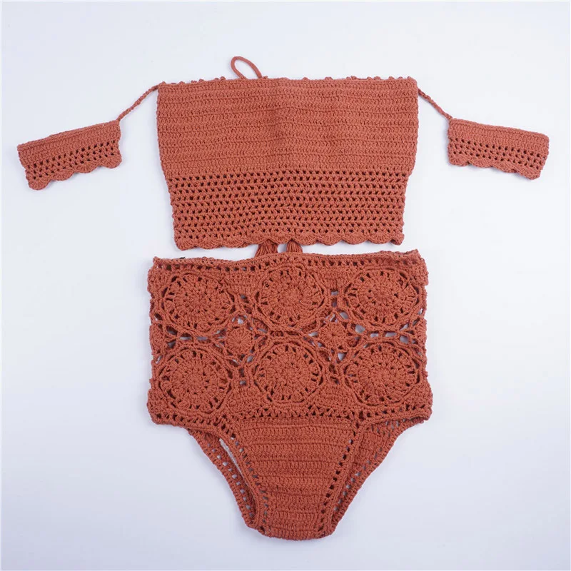 Handmade Knitting Crochet Bikinis Off Shoulder Swimwear Crochet Bikini Set Crop Top Sexy High Waist hollow Out Crochet Swimwear (24)