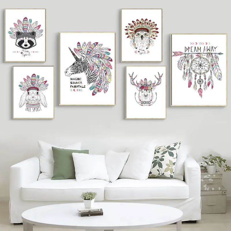 

Indian Style Zebra Deer Panda Rabbit Dreamcatcher Posters And Prints Wall Art Canvas Painting Wall Picture For Living Room Decor