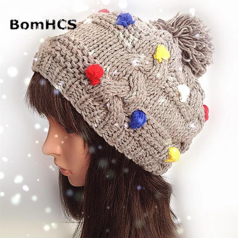 

BomHCS Cute Fashion Women Autumn Winter Warm Knitted Beanie With Multicolor Peas 100% Handmade Crochet Hat Cap