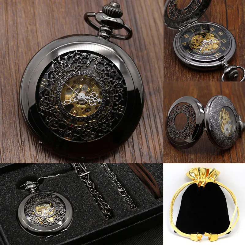 Vintage Luxury Black Metal Mechanical Pocket Watch Smooth Steampunk Hand Winding Clock Set with Gifts Box Bags Leather Pin Chain 2018 (16)