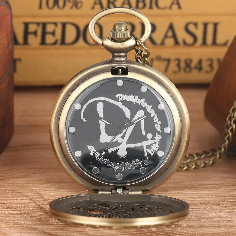 Бронзовые Кварцевые FOB часы Изысканные полые шестерни дизайн прозрачные карманные часы Уникальный черный циферблат подарок на день