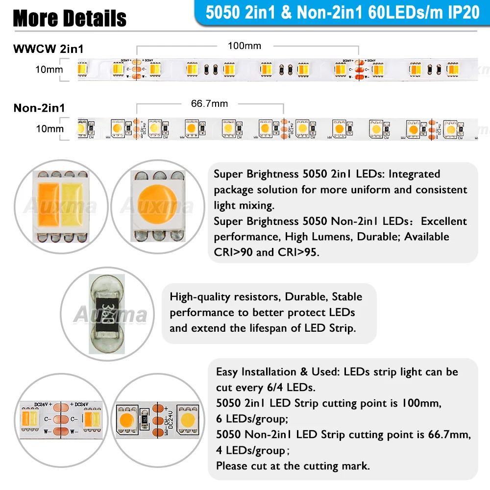 5050 WWCW CCT 2in1 60 светодиодный s/m IP20 DC12V/24 В 300 светодиодный s/катушка, 5 метров/катушка-Водонепроницаемый Светодиодные ленты для внутреннего