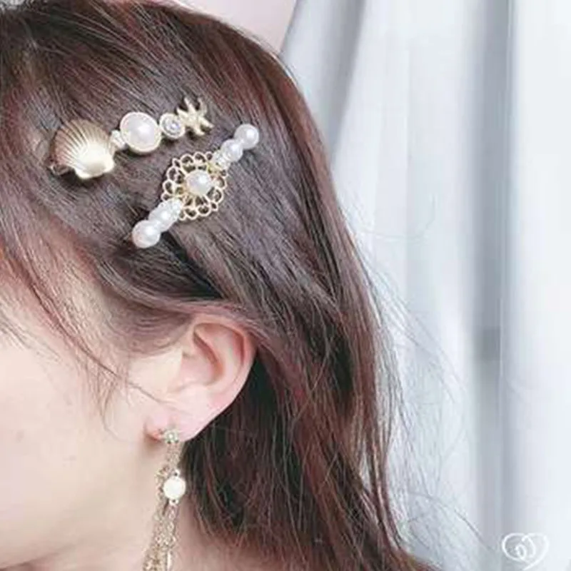 

2019 Fashion Palace Sense 2 Pcs Shell Baroque Girl Side Card Hairpin Pearl Head Top Clip Women Accessories