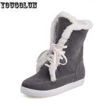 YOUGOLUN Winter Women Ankle Boots Fashion Ladies Snow Boots Elegant Lace up Woman Beige Black Brown Gray Long Plush Flat Shoes