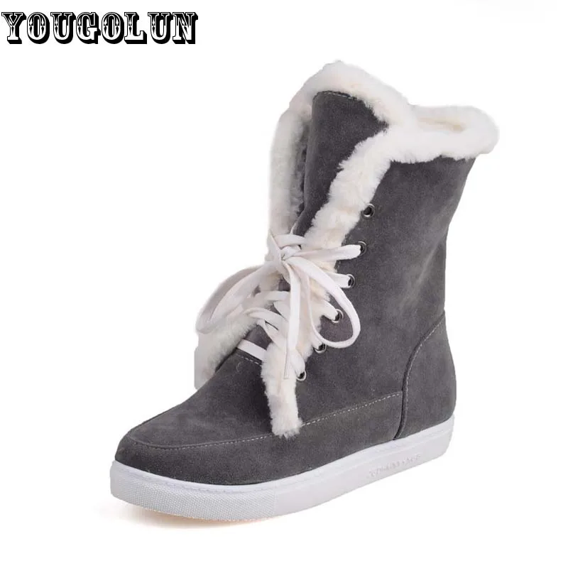 YOUGOLUN Winter Women Ankle Boots Fashion Ladies Snow Boots Elegant Lace up Woman Beige Black Brown Gray Long Plush Flat Shoes