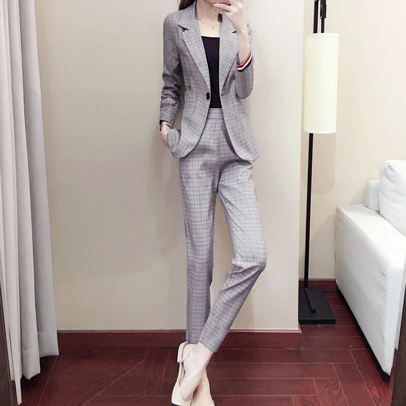 

autumn and winter checkered suit new women's fashionable small suit temperament nine pants two piece tide High-quality