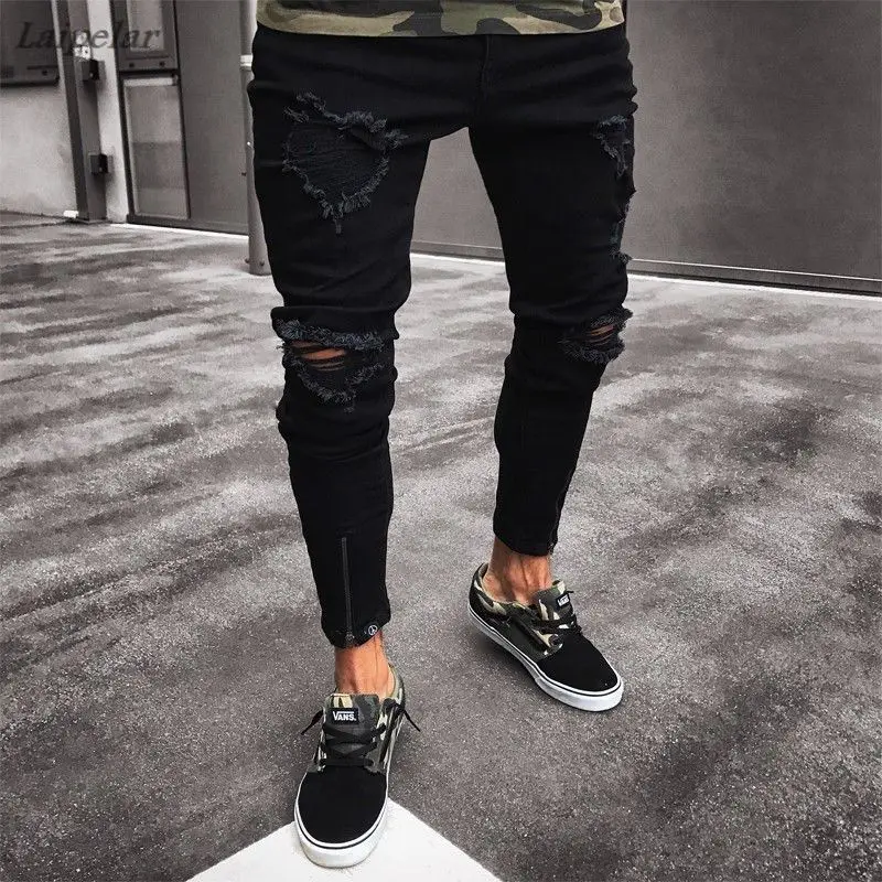Buy Men's Skinny Slim Fit Straight Ripped Destroyed Distressed Zipper Stretch Denim Pants Jeans  Laipelar